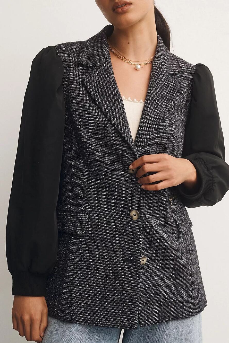 Anthropologie Maeve Mixed Media Relaxed Jacket sz 0 $168 black tweed puff sleeve
